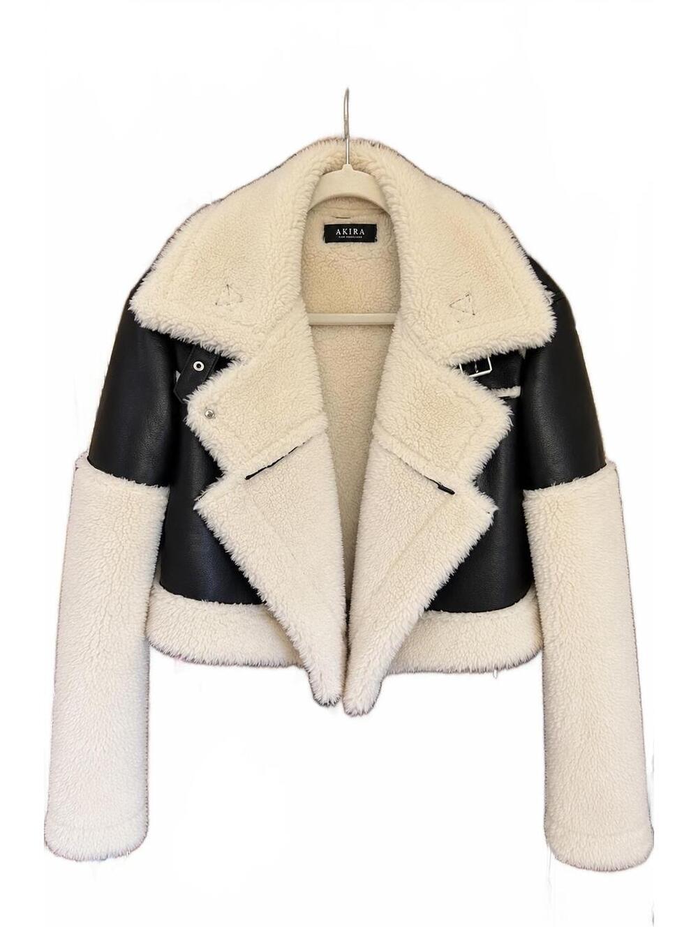 Akira Faux Shearling and Leather Biker Jacket in Cream and Black, Size Small